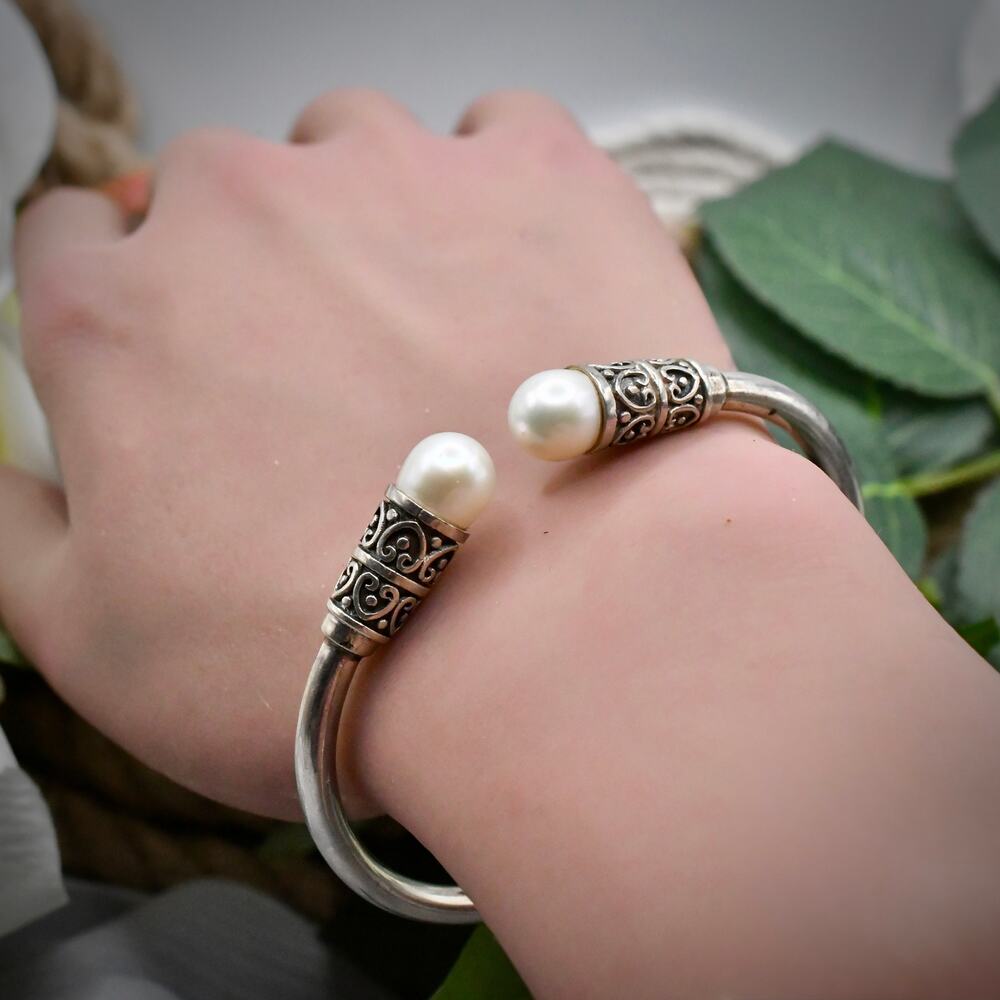 Silver 925 Ornate Balinese Pearl Open Cuff Bypass Bangle Bracelet 7.25 inches